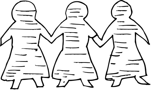 The black and white silhouette of four figures holding hands together against a dark background with no other discernible details visible in this small clip-art image.