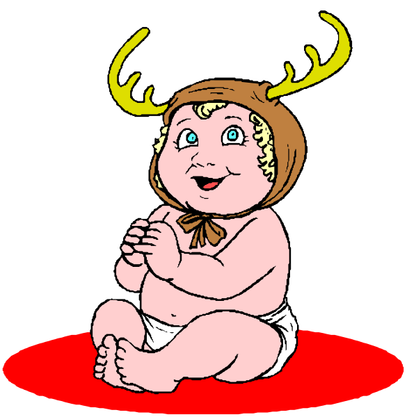 The image shows two cartoon babies with deer antlers sitting on a red carpeted floor; both have big eyes and appear surprised or shocked expressions.