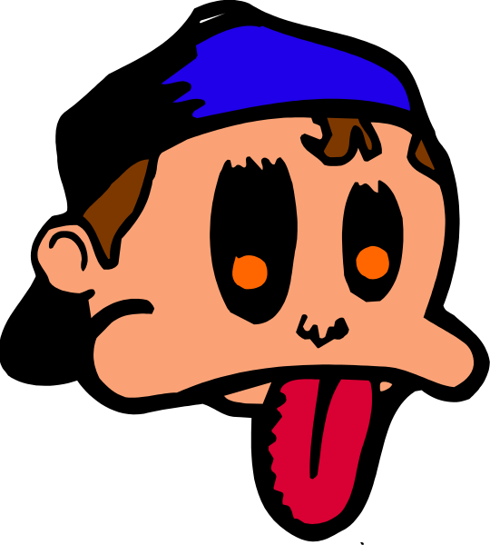 The image shows a cartoon of an animated character with exaggerated facial features such as large eyes and tongue sticking out, wearing what appears to be blue shorts and white shoes, set against a black background.