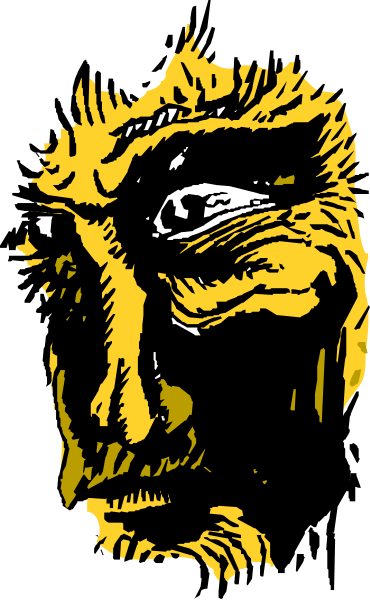 The image shows a black and white illustration of an animated face with exaggerated features peeking out from behind what appears to be bars on either side.