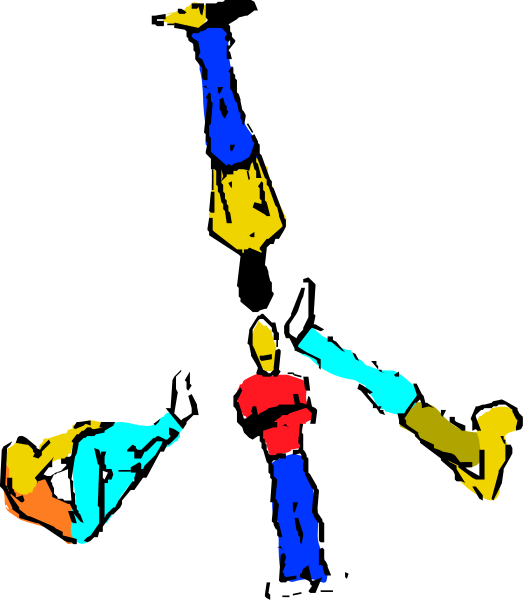 The image shows a black background with four colorful stick figure characters performing gymnastics poses: two on top doing handstands while one is in mid-air flipping over another who appears to be standing still, all depicted as if captured from an overhead perspective during their performance.