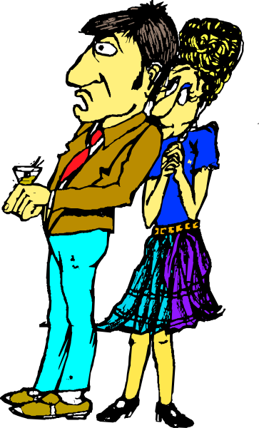 The black and white illustration shows a man standing next to a woman with their backs facing each other; both characters appear surprised as indicated by raised eyebrows on one character's face.