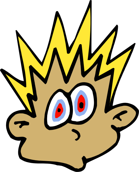 The image shows a cartoon of an animated character with exaggerated features such as large eyes and spiky hair, set against a black background.