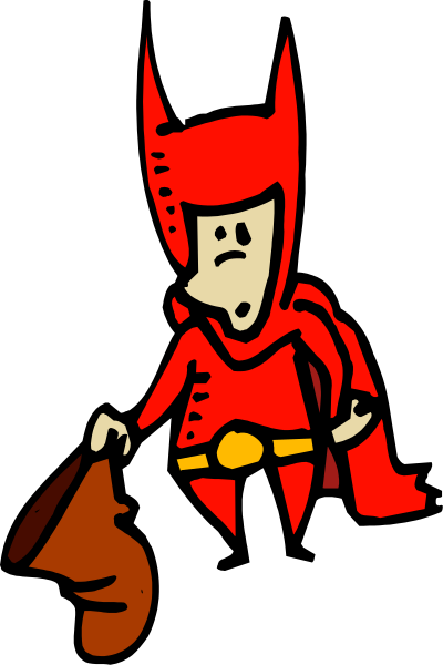 The image shows a cartoon of an adult male dressed as Batman holding what appears to be a bag with money spilling out onto his feet while standing in front of another figure that is also wearing red clothing, possibly representing Robin from comic books.