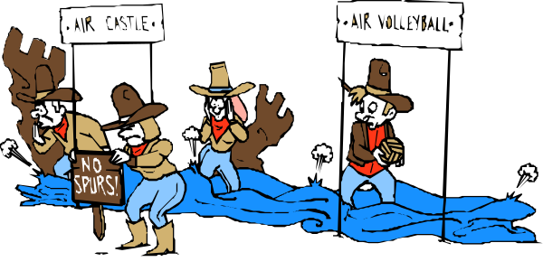 The cartoon shows a group of animated characters dressed as cowboys running through water with signs that say "Air Castle" and "Volleyball."