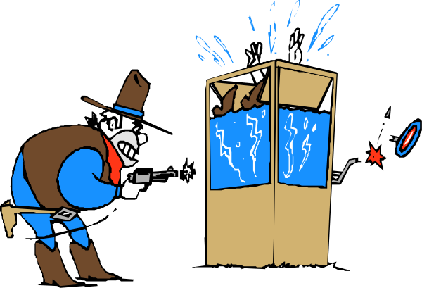 The cartoon shows a man shooting at two fish tanks with guns; there is an explosion effect around them as if hit by bullets.