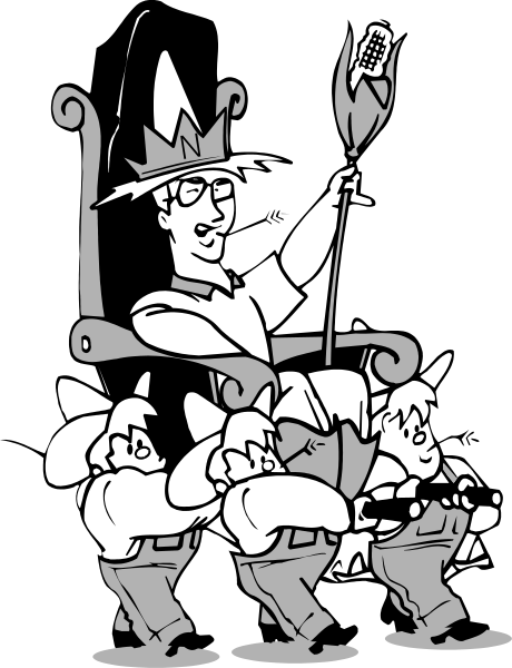 The cartoon shows a man dressed as Napoleon Bonaparte riding on top of three men who appear to be donkeys; he is holding an object that looks like a microphone in his right hand while gesturing with it, and there's another figure standing behind him waving at the viewer.