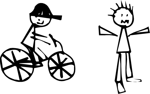The black and white silhouette of three figures: a person on an adult bicycle to their left, another figure in between who appears to be pushing something with wheels (possibly a wheelbarrow), and one more individual standing next to them both; all depicted against a dark background.