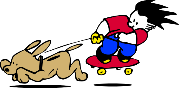 The image shows a cartoon of two dogs on skateboards racing each other with an animated character riding alongside them; it's set against a black background.