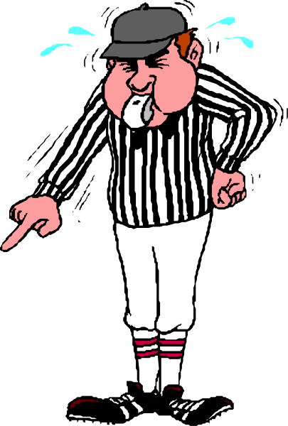 The cartoon shows an umpire with a distressed expression pointing to his left while standing on skates; he is wearing striped socks and holding what appears to be a whistle in one hand.