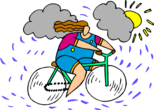 The illustration shows a person riding an old bicycle with large wheels under a cloudy sky at dusk; there is no text present in this image.