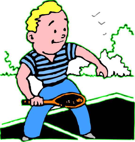 The image shows a cartoon of two characters: on the left side there is an animated character holding a tennis racket with both hands; this figure appears to be male wearing blue jeans and has short hair, depicted in profile view facing right. On the right side, another animated character stands upright against what seems like a backdrop that could represent night or darkness due to its dark coloring. This second character is also holding an object resembling a tennis racket with both hands but appears less detailed than the first figure; this one has short hair and wears blue jeans as well, depicted