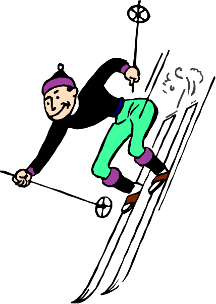 The black and white illustration shows a man on skis with his arms outstretched for balance as he descends downhill in an outdoor winter sports environment.