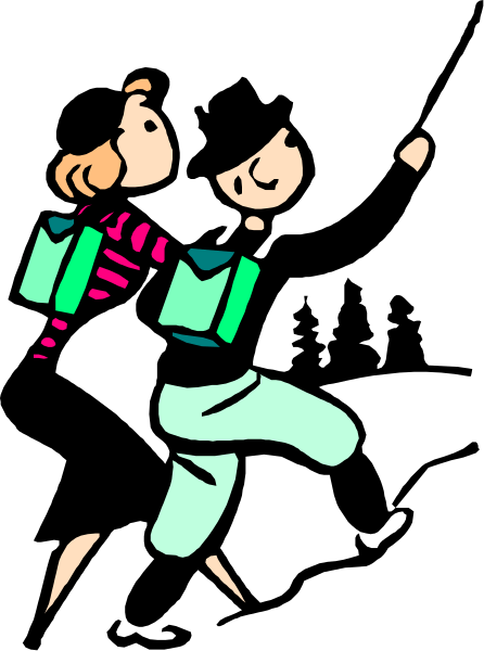 The black and white illustration shows two animated characters dancing; a woman with her arms outstretched is wearing an apron over what appears to be pajamas, while another character in front of her has their hands on hips and seems to have bags around them or attached to clothing items that resemble wings.