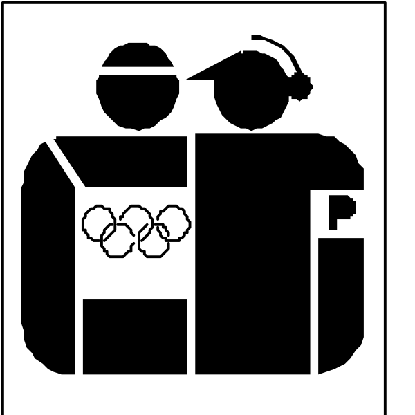 The black and white icon depicts a person holding an Olympic torch with two athletes on either side of it; above them is another figure that appears to be in uniform standing next to what looks like a boxing glove, suggesting sports-related activities.