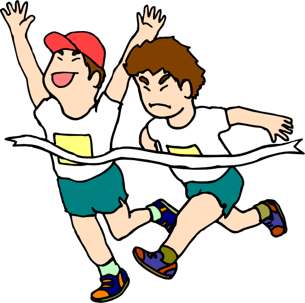 The cartoon shows two children running with their arms raised high as if celebrating a victory; both wear red hats and shorts, one has blue shoes while the other is barefoot.