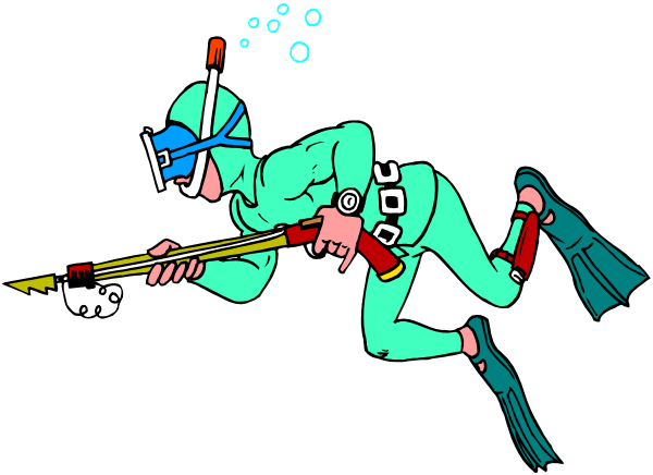 The cartoon depicts a scuba diver with flippers on his feet holding an underwater rifle while swimming near bubbles in water.