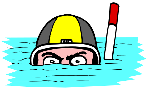 The cartoon depicts a person underwater with goggles on their head peeking out from behind an object that resembles water skis while holding onto what appears to be a rope handle attached to something above them, possibly indicating some form of aquatic activity or sport like waterskiing.
