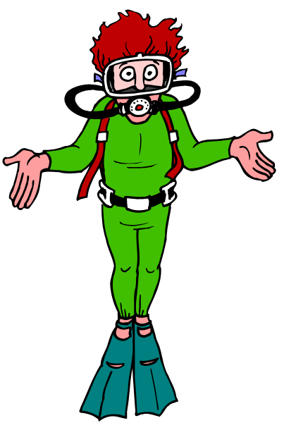 The illustration shows a cartoon of an astronaut wearing scuba gear standing with arms outstretched against a black background.