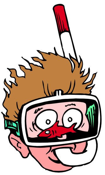 The cartoon shows a boy with red hair wearing scuba diving gear including goggles on his forehead, flippers around his neck, and an oxygen tank strapped to him; he is smiling broadly while looking directly at the viewer.