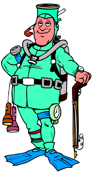 The cartoon depicts a man dressed as an astronaut with scuba gear on his back standing next to a diving board in front of water.