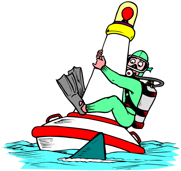 The illustration shows a cartoon of an individual on top of a red boat with shark fins sticking out from either side in water. They appear to be holding onto something that looks like a lighthouse, which is also floating above them and has two flags atop it: one white flag with the letter "R" inside a circle and another smaller blue flag. The person seems surprised or shocked by their situation as they are depicted looking upwards towards these objects while wearing scuba gear including flippers on feet.