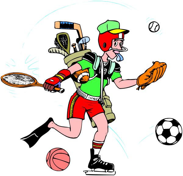 The illustration shows a cartoon character dressed as an athlete holding sports equipment: tennis racquet, baseball glove with ball in hand, soccer balls scattered around them, wearing red shorts, green shirt, white shoes and hat; running towards camera while kicking up dust from ground.