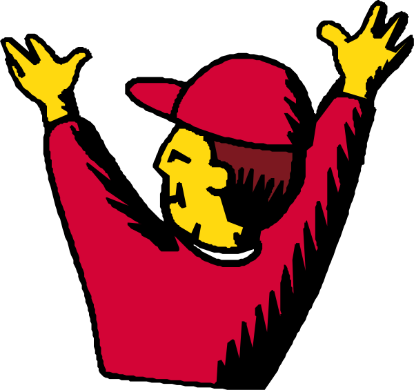 The image shows a cartoon of an animated character with red hair wearing glasses, who is standing on top of what appears to be a building while holding up their arms in excitement.