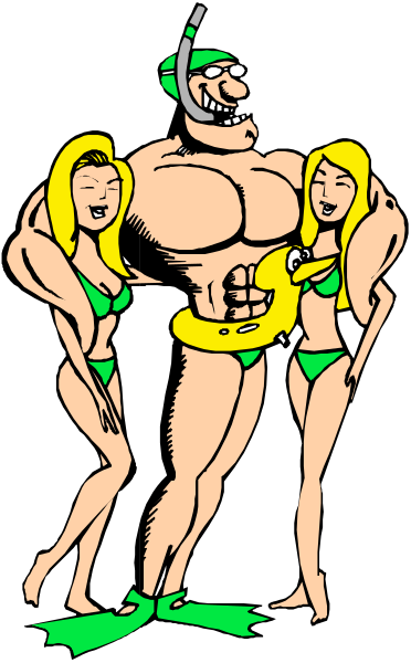 The illustration features a muscular man with blonde hair standing between two women wearing bikinis; all three characters have exaggerated proportions typical of comic book-style artwork.