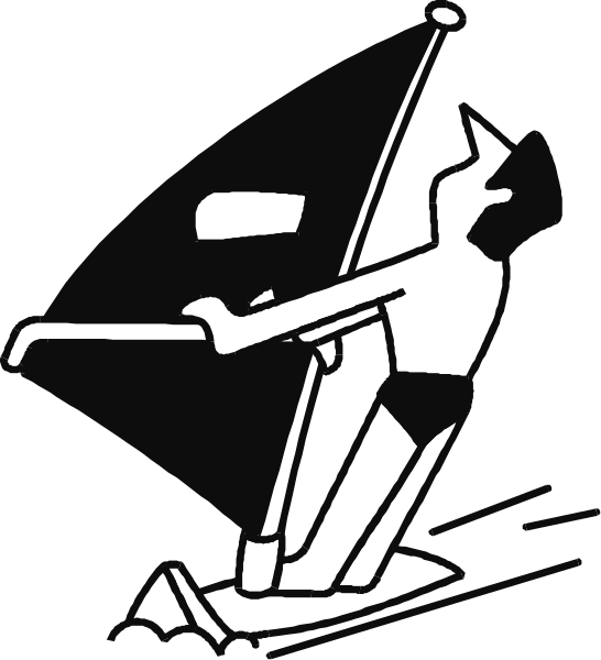 The black and white illustration shows a person on water skis being towed by an outboard motorboat with its propeller visible in motion behind them.