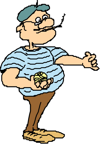 The cartoon shows a man with glasses standing upright holding out his hand as if offering something to someone off-frame; he is wearing a striped shirt and has short hair.