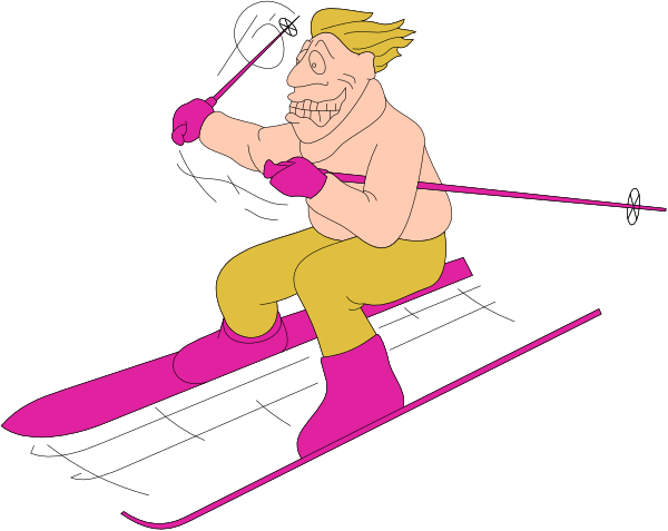 The image shows a cartoon of an adult male skier with yellow pants riding downhill on pink skiis while holding two poles in each hand; he is wearing goggles over his eyes to protect them from wind and snow, suggesting that it's cold outside or during the activity depicted.