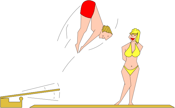 The image shows two cartoon characters performing acrobatics on a trampoline with an audience watching from below; there is no text present in this clip-art illustration.