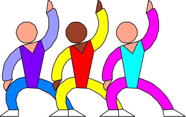 The image shows a group of four cartoon figures performing on stage with their arms raised high above them as if celebrating an event; each figure is wearing different colored shirts: red, yellow, green, blue and purple from left to right respectively.