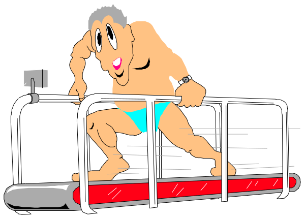 The cartoon shows a man on an exercise machine with weights around his waist running while another person is standing next to him holding onto something red that looks like it could be part of the workout equipment.