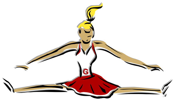 The black and white illustration shows a gymnast performing an acrobatic pose with her arms outstretched on either side of her body while standing in split position against a dark background.