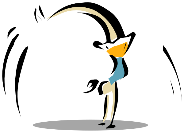 The cartoon shows a person performing an acrobatic trick on top of what appears to be a table with their arms outstretched for balance while standing in mid-air above it.