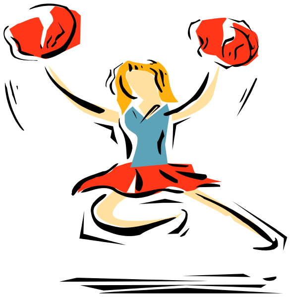 The first frame shows a cartoon of an animated cheerleader with pom poms raised above her head; she is wearing red shorts and has blonde hair tied in two buns on top of her head, along with blue eyeshadow makeup around her eyes. She appears to be mid-cheer or performing some sort of dance move. The second frame shows the same cheerleader character but from a different angle—her back is facing forward as she continues dancing and cheering in what seems like an animated style.