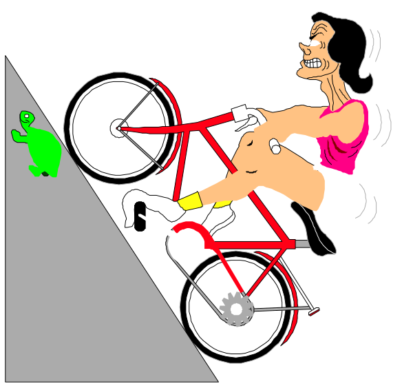 The cartoon depicts a woman on an unicycle with her arms outstretched for balance; she is wearing shorts and has one foot raised in mid-air as if pedaling fast. To her right, there's a small green dinosaur standing upright next to the bicycle wheel.