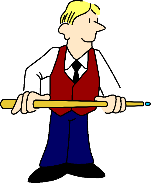 The cartoon depicts a man holding two pool cues while standing on what appears to be an elevated surface with his hands resting atop them as if he's about to play billiards.