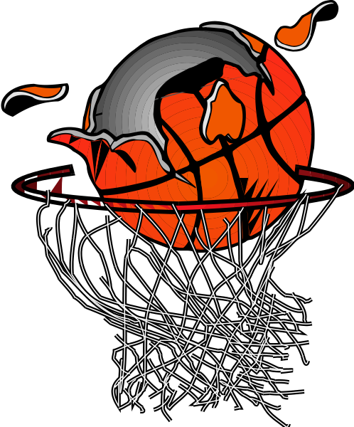 The image shows a stylized illustration of an orange basketball with flames around it inside a black hoop on top of what appears to be a gray surface that could represent water due to its rippling effect, and there is also a small depiction of Earth in the background at the bottom right corner.