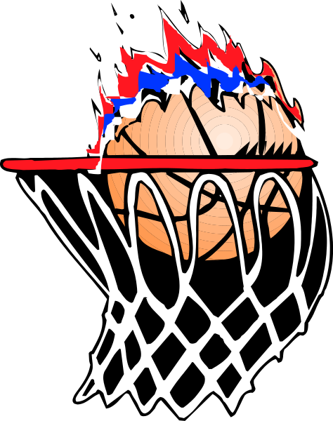 The image shows a black and white illustration of a basketball hoop with an orange ball inside it on top of what appears to be a court surface.