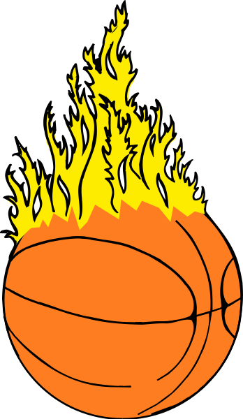 The image shows a stylized illustration of an orange basketball with flames around it on top of what appears to be a black background.