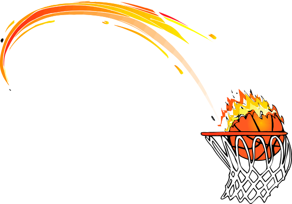The image shows a basketball hoop with an orange ball flying towards it from above on what appears to be fire trajectory; there is no visible text in this clip-art illustration.