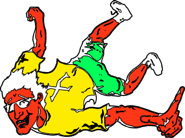 The black and white illustration shows a man falling on his back with arms outstretched as if he's diving into water; in front of him is another figure who appears to be kicking up their leg, possibly indicating motion or action.