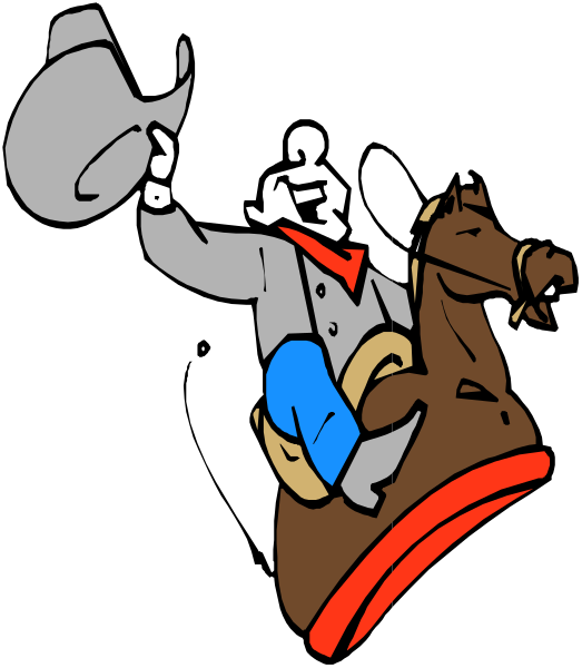 The image shows a cartoon of an animated cowboy riding on top of a horse with his arm raised as if waving to someone off-camera.