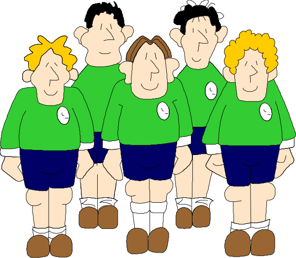 The cartoon shows a group of six male characters wearing green shirts with blue shorts standing next to each other; all have different facial expressions ranging from neutral to surprised.