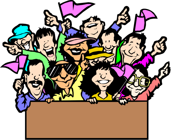 The cartoon shows a group of nine animated characters celebrating with their arms raised high above them; there's no text in this image.