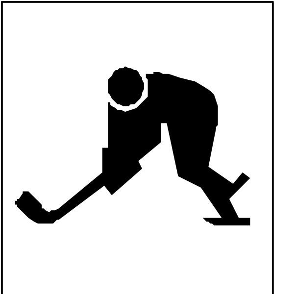 The black and white silhouette of a hockey player holding a stick with an ice skate on it next to a small icon representing a puck in front of him.