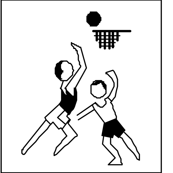 The black and white illustration shows two figures engaged in a basketball game; there is an adult figure shooting at a hoop while another person appears to be defending with their arms outstretched.